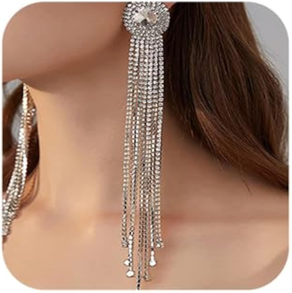 Xerling Extra Long Rhinestones Tassel Earrings Bridal Fringe Chandelier Statement Earrings for Wo... | Amazon (US)