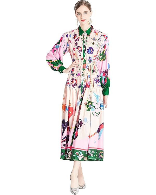LAI MENG FIVE CATS Women's Floral Print Long Sleeve Flowy Casual Button Up Maxi Dress with Belt | Amazon (US)