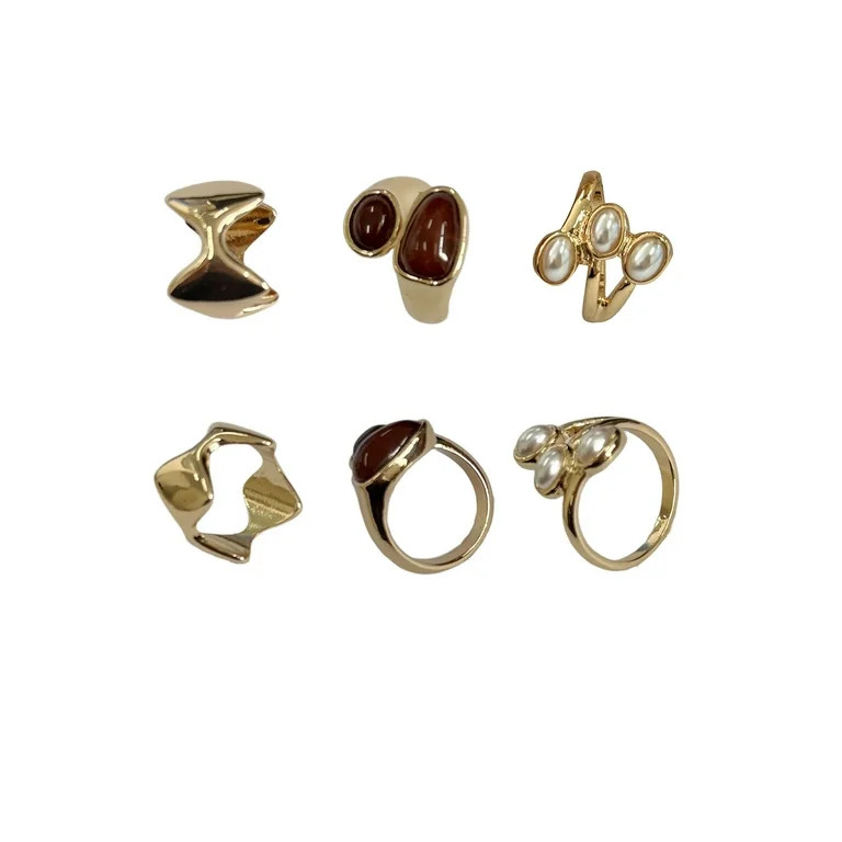 Time and Tru Pearl and Stone Rings Brown in Gold Plating for Female Adults and Teens, 3 Pack | Walmart (US)