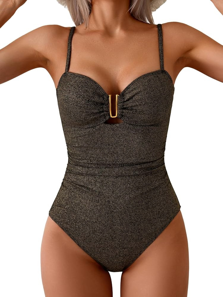 Eomenie One Piece Swimsuit for Women Tummy Control Ruched Bathing Suit Cutout U Wire Swim Suits | Amazon (US)