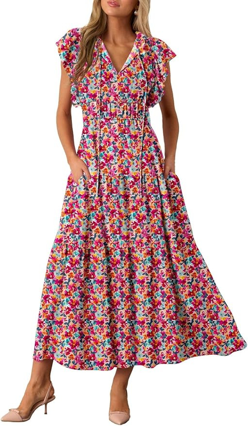 BLENCOT Womens Casual Floral Midi Dresses Summer Flowy Boho Dresses Short Sleeve V Neck Dress wit... | Amazon (US)