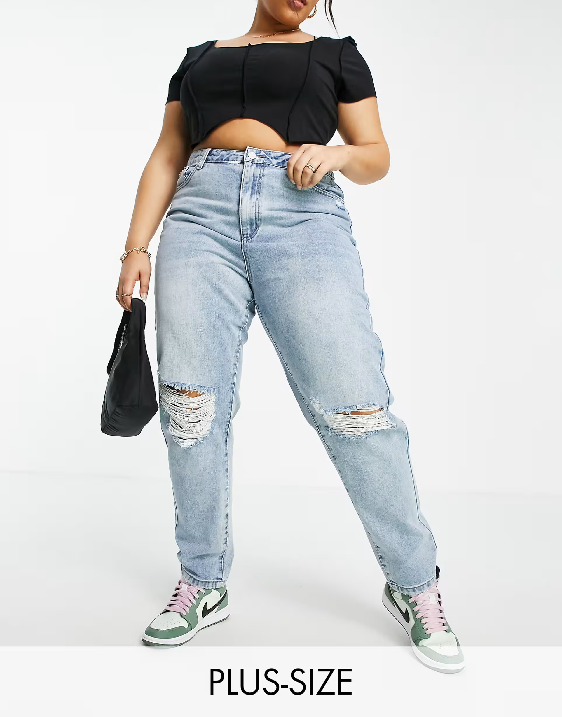 Missguided Plus Riot high waist mom jean with busted knee in blue | ASOS (Global)