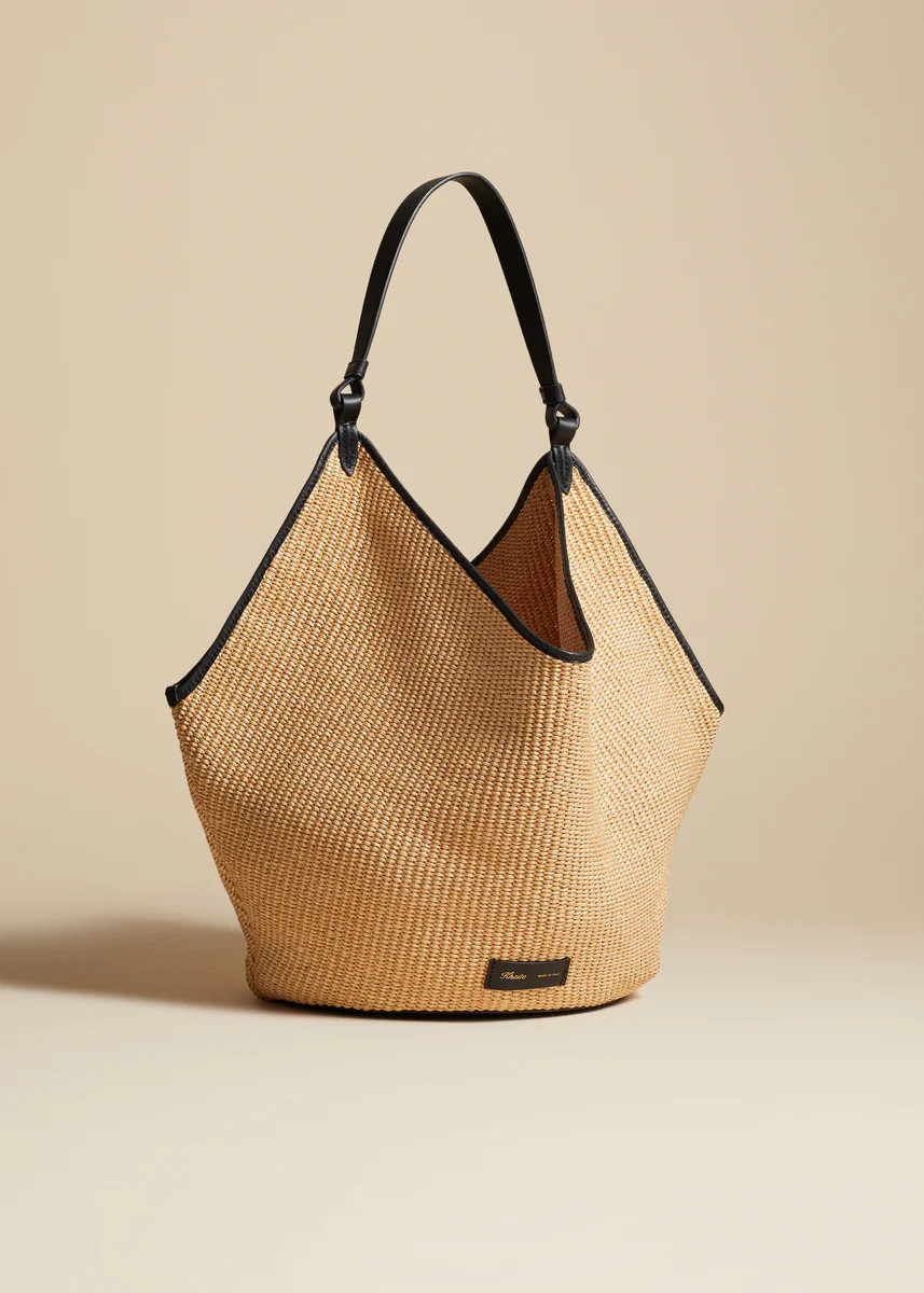 The Medium Lotus Tote in Natural Raffia and Black Leather | Khaite