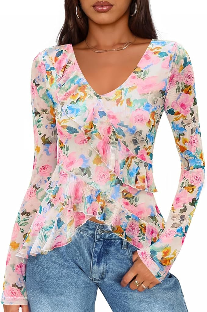 ZESICA Women's Long Sleeve Floral Shirts V Neck Going Out Ruffle Tops Blouses 2026 Fall Fashion C... | Amazon (US)