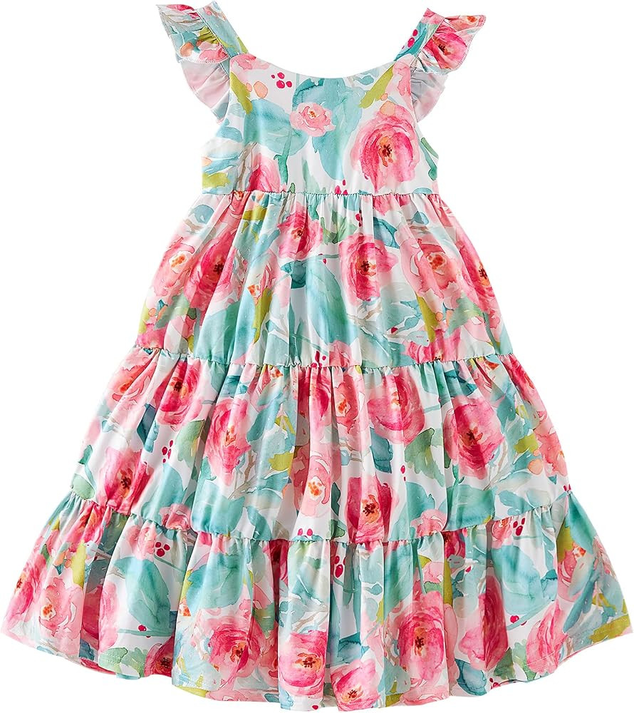Toddler Girls Summer Dresses Floral Ruffle Sleeve Sundress Casual Sleeveless A-Line Playwear Dress 2 | Amazon (US)