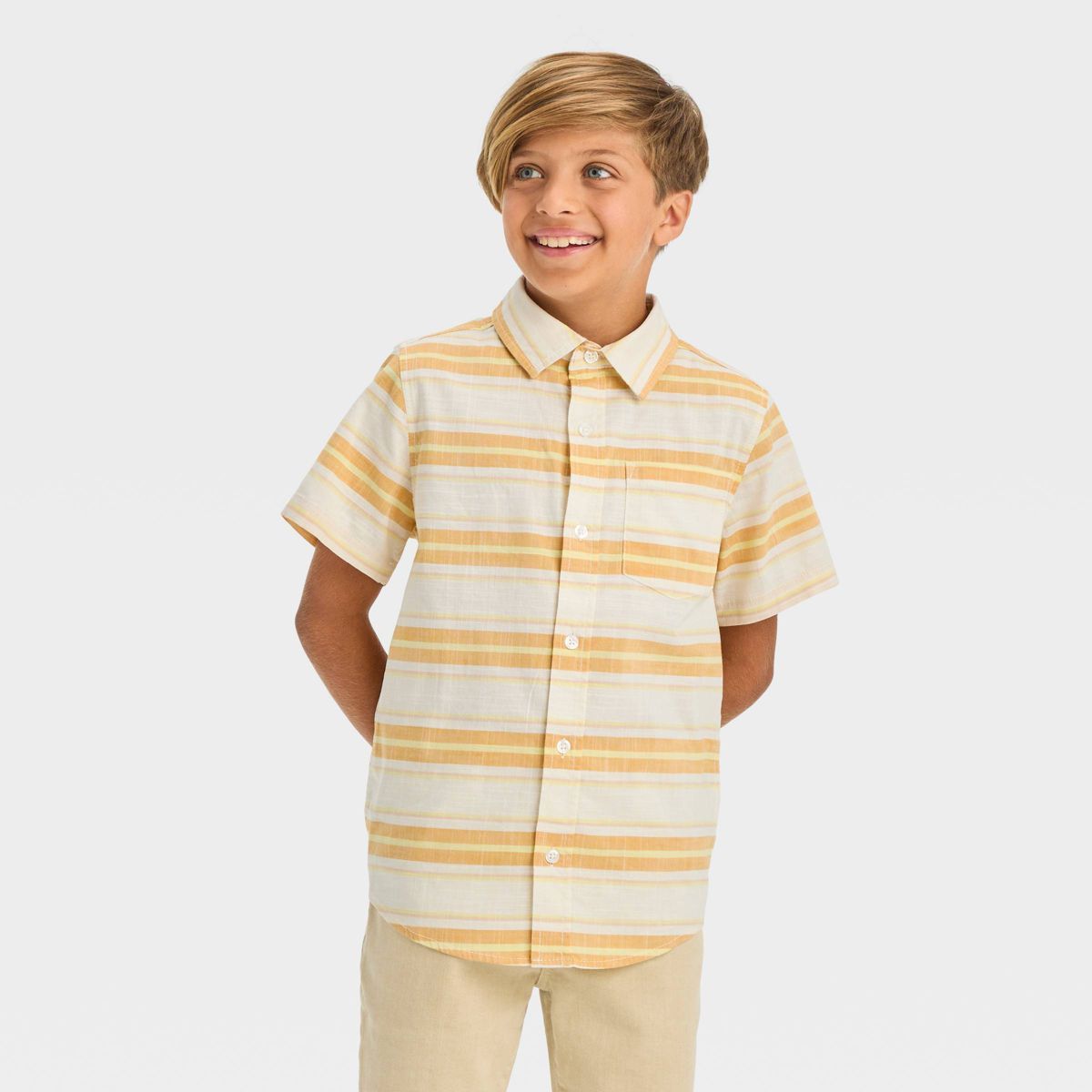 Boys' Short Sleeve Poplin Button-Down Shirt - Cat & Jack™ Cream/Yellow | Target