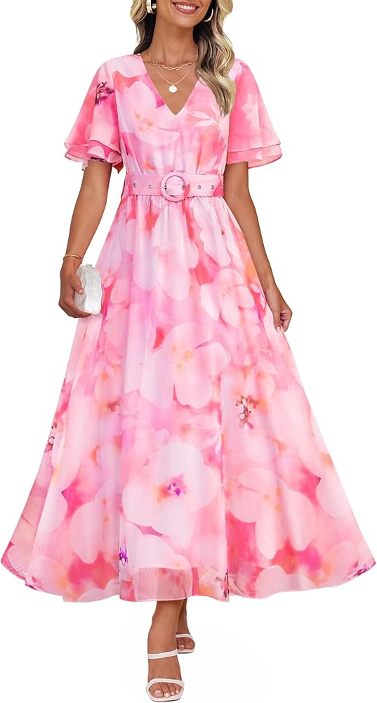 ZESICA Women's 2026 Summer Floral V Neck Midi Dress Boho Short Sleeve High Waist Flowy Beach Vaca... | Amazon (US)