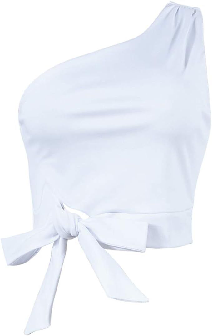 WEEPINLEE Women's Sexy One Shoulder Sleeveless Bowknot Shirts Crop Tops | Amazon (US)