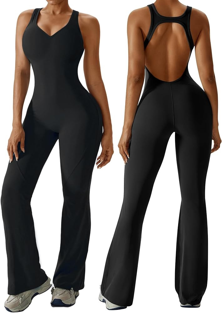 OEAK Womens Flare Jumpsuit Tummy Control Cutout Romper Workout Outfits Sleeveless Unitard Seamles... | Amazon (US)