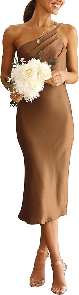 PRETTYGARDEN Women's Midi Satin Dress One Shoulder Spaghetti Strap Backless Ruched Summer Bodycon... | Amazon (US)