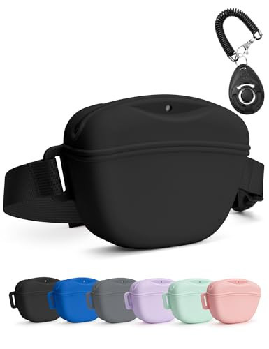 heouvo Dog Treat Pouch with Training Clicker, Upgrade Stronger Magnetic Closure to Avoid Spilling, 1.67 Cup Silicone Treat Bag Fanny Pack with Waist Belt for Pet Training Walking (Black) | Amazon (US)