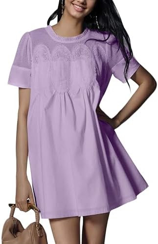 VATEAMI Womens Summer Lace Mini Babydoll Dress Ruffled Collar Short Sleeve Loose Mesh Swing Elega... | Amazon (US)