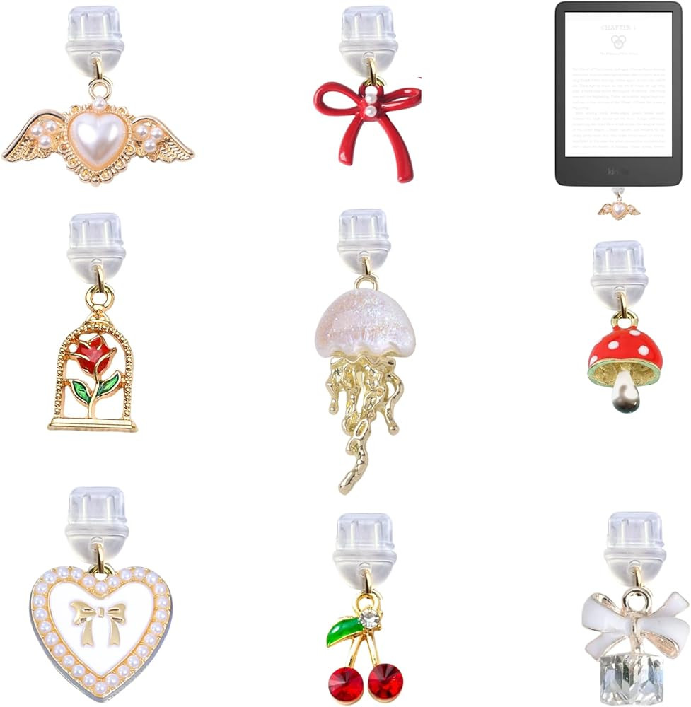 8 Pcs Charms for Kindle, Gold Cherry Heart Bow Rose Design, Compatible with Kindle and Phone Dust... | Amazon (US)