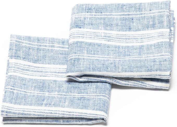 LinenMe Set of 2 Multistripe Linen Hand Towels, 18 by 28", Blue White, Prewashed 100% European Li... | Amazon (US)