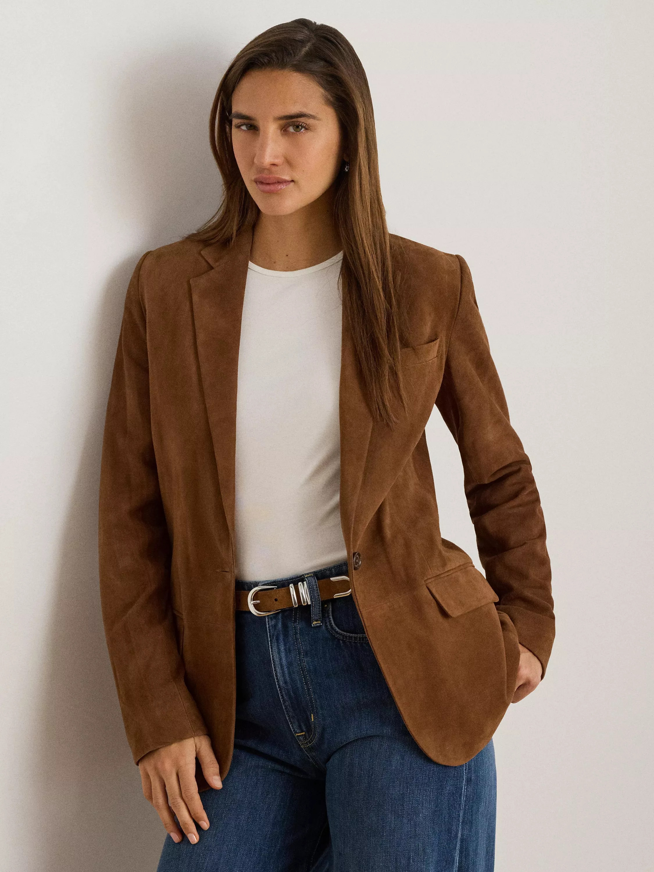 Lauren Ralph Lauren Single Breasted Suede Blazer, Light Tobacco | John Lewis (UK)