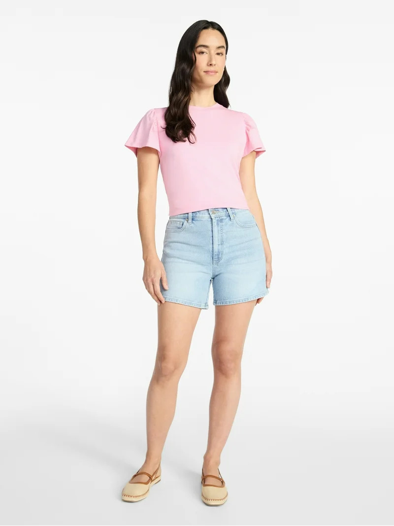 Time and Tru Women's Crewneck Top with Short Flutter Sleeves, Sizes XS-XXXL | Walmart (US)