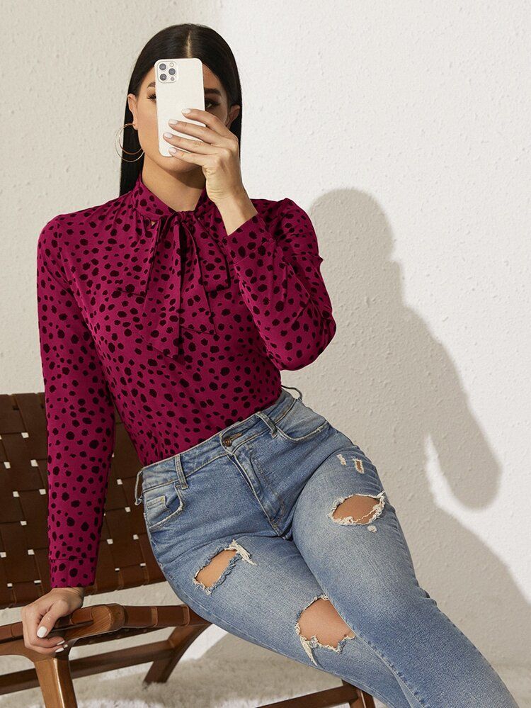 Tie Neck Dalmatian Print Top | SHEIN