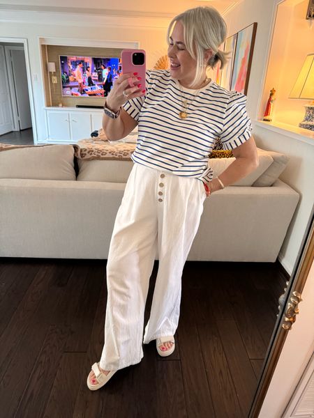 Spring outfit ideas. I love this fit for traveling too. Amazon white linen pants are so comfortable. Size large. 

BLUE & white top size large 
Code wanda15 saves 15% for AVARA 


#LTKOver40 #LTKSeasonal #LTKMidsize
