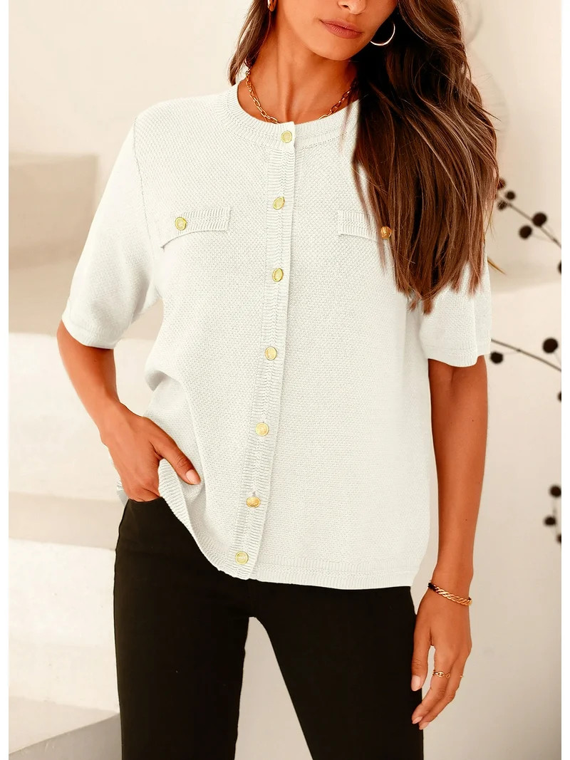 PRETTYGARDEN Women's Summer Button Down Shirts Casual Short Sleeve Crew Neck Ribbed Knit Blouse T... | Walmart (US)
