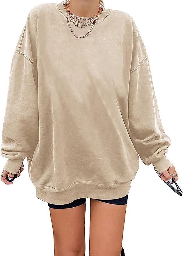 Women's Oversized Long Sleeve Sweatshirts Pure Color Round Neck Casual Pullover Shirt | Amazon (US)