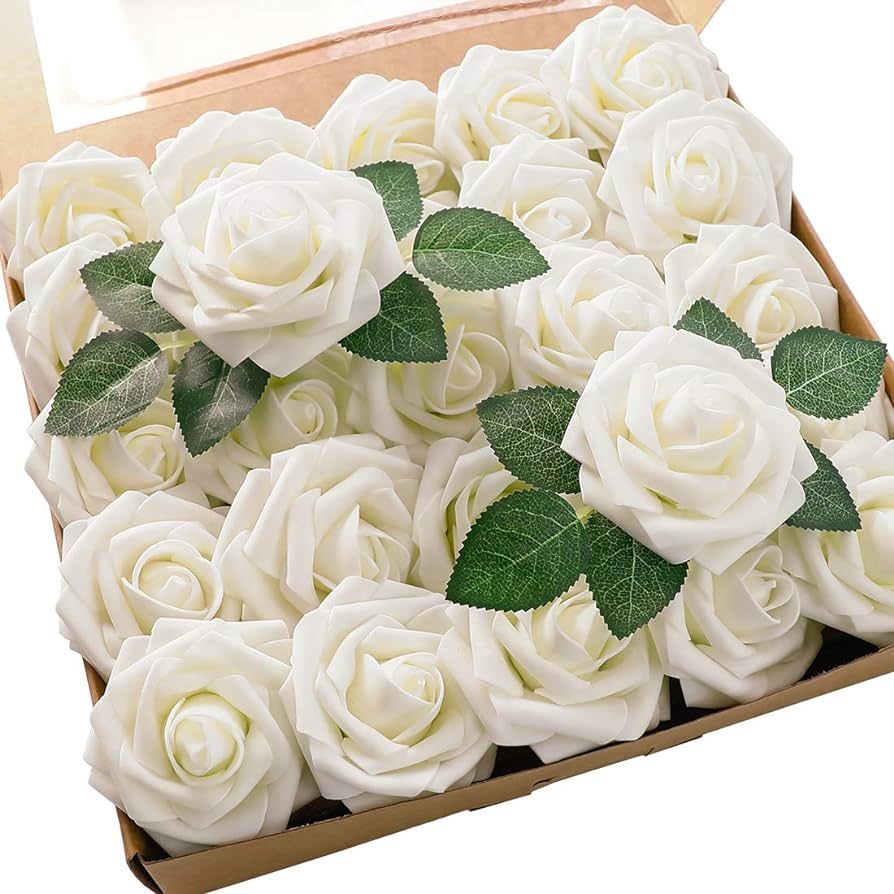 Floroom Artificial Flowers 25pcs Real Looking Ivory Foam Fake Roses with Stems for DIY Wedding Bo... | Amazon (US)