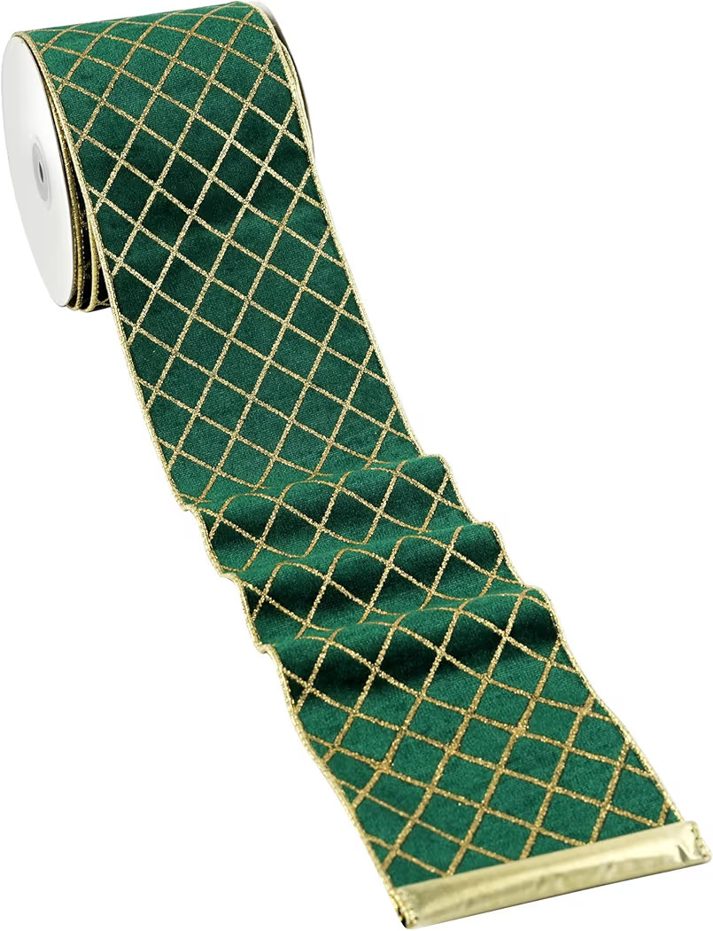 MAYREEL 4 Inch Green and Gold Velvet Wired Ribbon Metallic Diamond Glitter Grid for Christmas Gif... | Amazon (US)