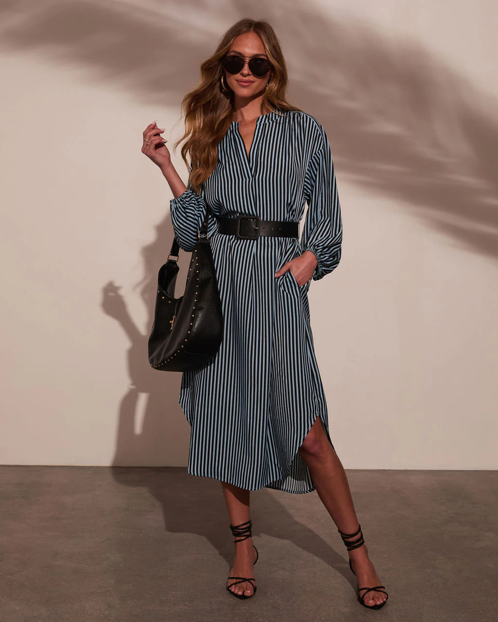 Dimarco Striped Pocketed Belted Midi Dress | VICI