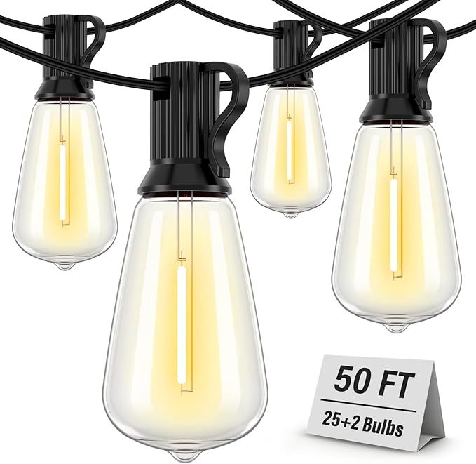 Outdoor String Lights Waterproof, 50 FT Patio Lights with 26 ST38 Edison Bulbs (1 Sqare), Outside... | Amazon (US)