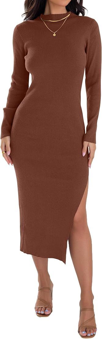 ZESICA Women's Mock Neck Sweater Dresses Long Sleeve Side Slit Slim Fit Fall Elegant Ribbed Knit ... | Amazon (US)