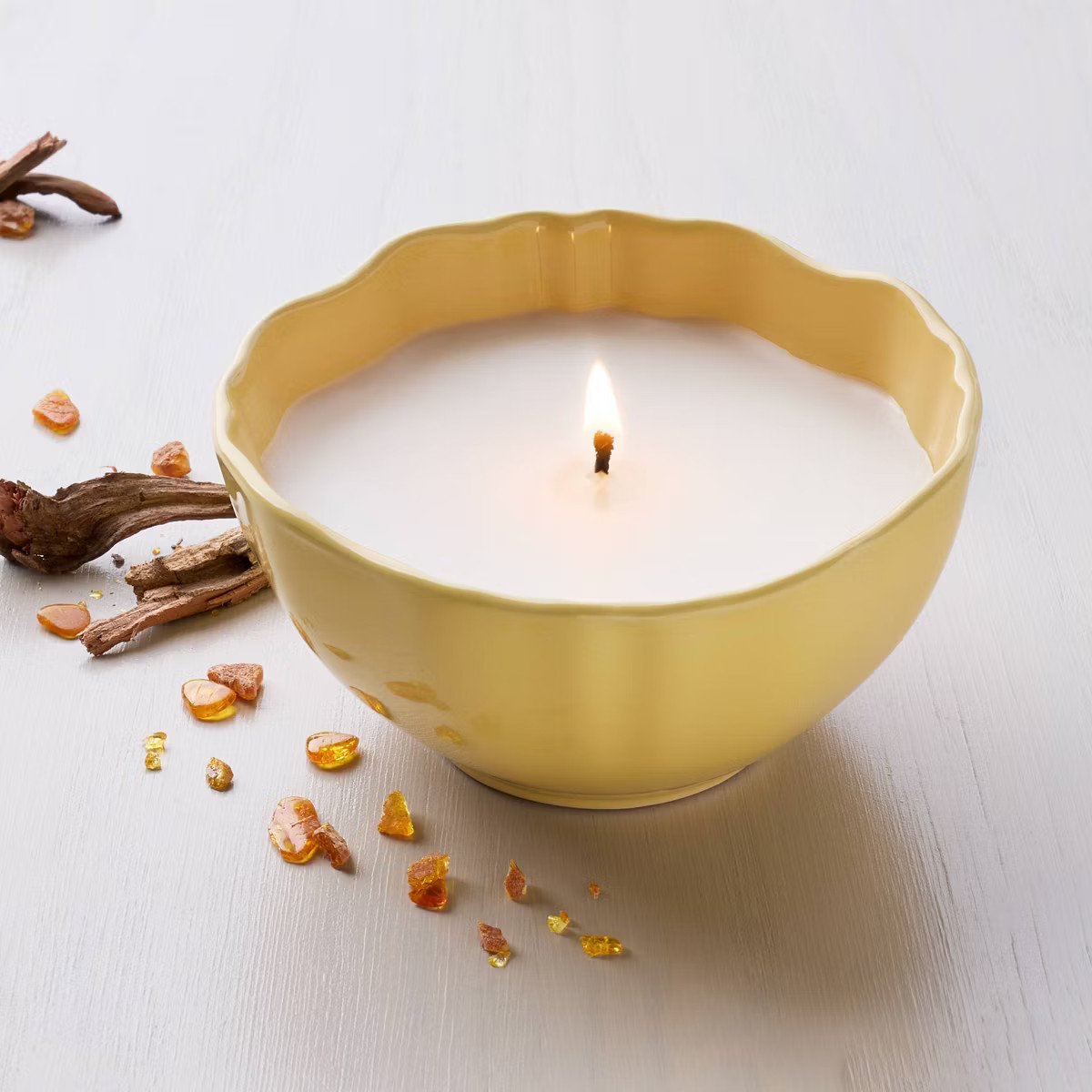 Scalloped Ceramic Driftwood & Amber Jar Candle Yellow - Hearth & Hand™ with Magnolia | Target
