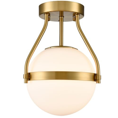HOLKIRT Modern Light Fixture,Mid Century Semi Flush Mount Ceiling Light,Kitchen Light Fixtures Hallway Light Fixtures Ceiling,Brass Globe Ceiling Light Bedroom with Opal Glass 7Inch/18CM | Amazon (US)