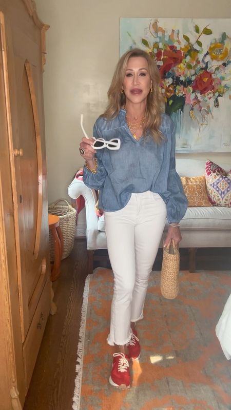 Cute look for July 4th featuring a denim top from Rails, white jeans, white sunglasses, red sneakers and a straw bag from Target!


#LTKSeasonal #LTKStyleTip #LTKVideo
