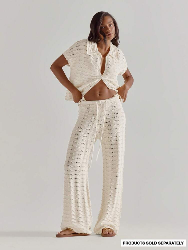 MUSERA Scallop Hem Tie Waist Loose Relaxed Fit Mid Waist Wavy Crochet Trousers Coord Bottoms Only... | SHEIN