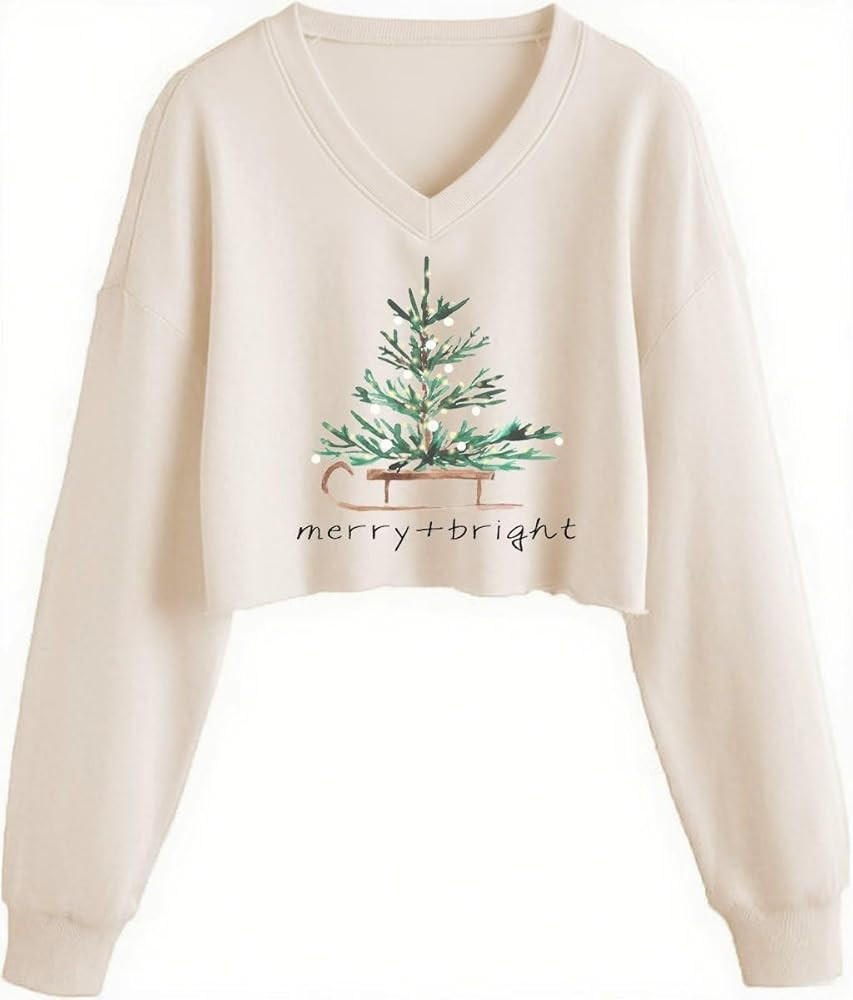 Women V-Neck Winter Christmas Crop Sweatshirt Funny Xmas Believe Christmas Tree Merry and Bright ... | Amazon (US)