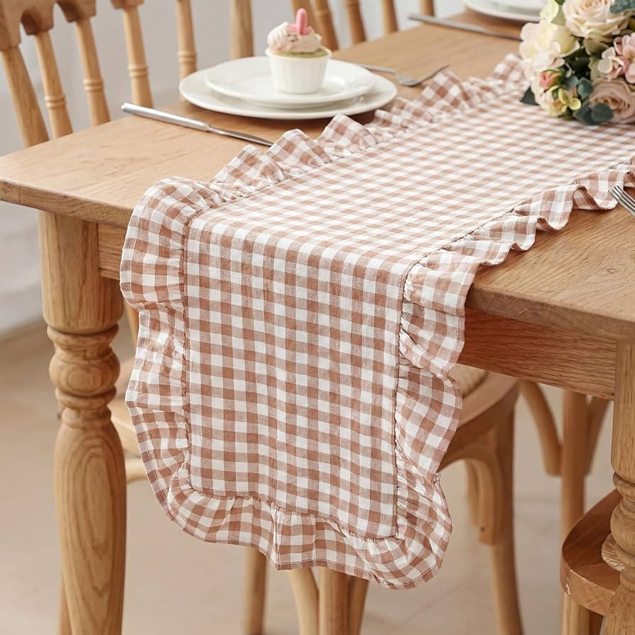 1 Pcs Brown Plaid Gingham Ruffle Table Runner 118 x 13.8'' Farmhouse Table Runner 100% Cotton Sca... | Amazon (US)