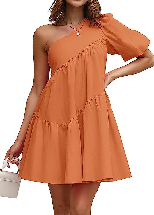 KIRUNDO Womens 2023 Summer Casual One Shoulder Mini Babydoll Dress Puff Sleeve Loose Tiered A Lin... | Amazon (US)