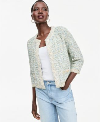 I.n.c. International Concepts Women's Eyelash Crewneck Short-Sleeve Cardigan, Macy's Exclusive - Pacific Pa | Macy's