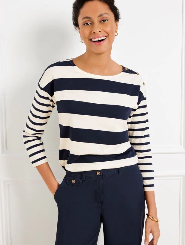 Button Shoulder Crewneck Tee - Mixed Stripe | Talbots