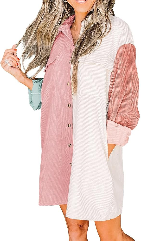 Womens Corduroy Shirt Dress Oversized Shacket Jacket Button Down Long Sleeve Dress with Pockets | Amazon (US)
