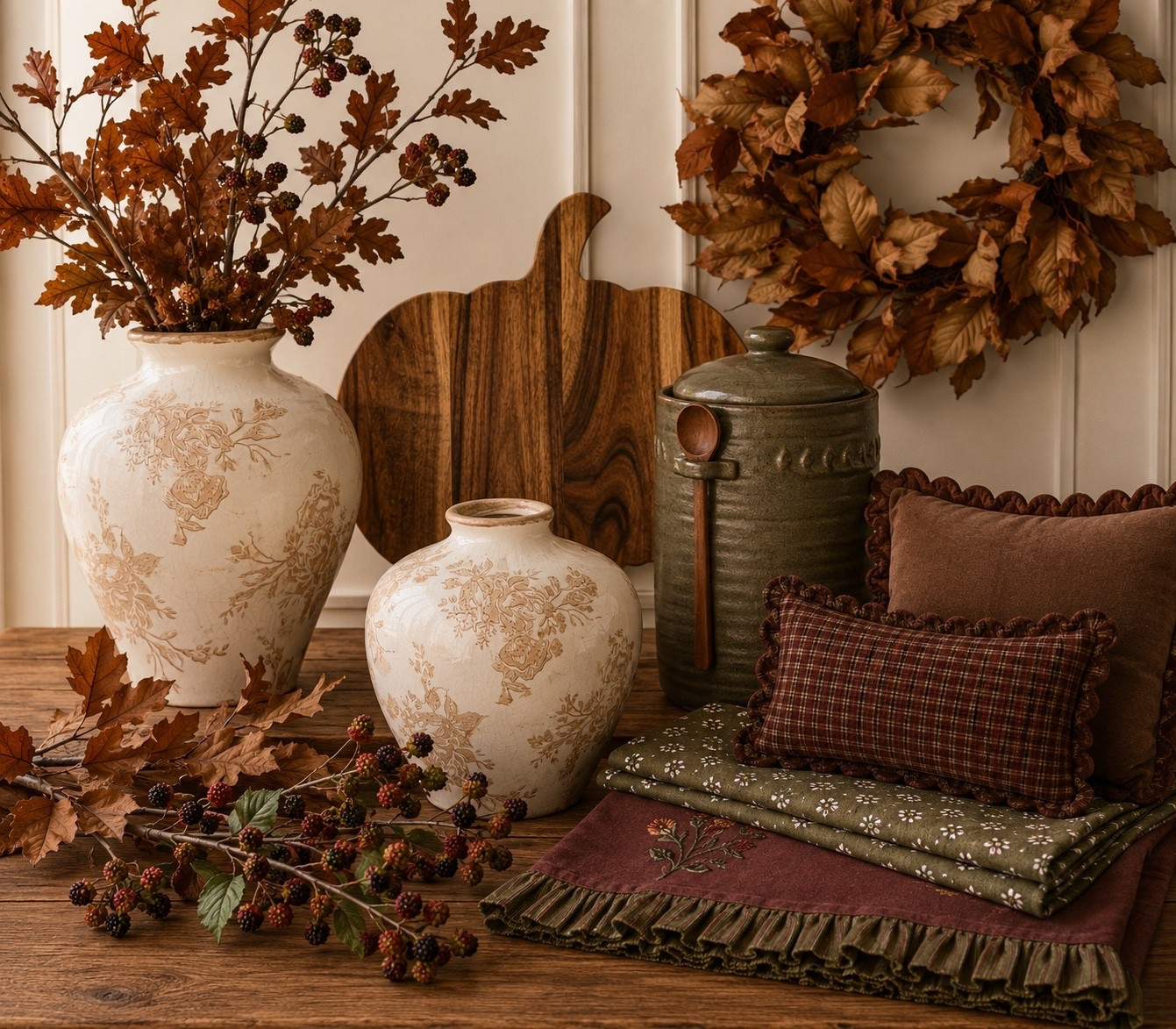 These Magnolia fall finds are giving the coziest collected-home look 🍂🤎

The vintage-inspired vases, textured stoneware crock, fall wreath, berry branches, plaid pillow, and layered throw blankets bring so much warmth and character to a space. I paired them with an affordable wooden pumpkin cutting board from Walmart for the perfect designer look for less.

Magnolia fall decor • Magnolia home finds • Walmart fall decor • pumpkin cutting board • vintage-inspired home decor • cozy cottage style • fall kitchen decor • autumn tablescape • plaid fall pillow • fall throw blankets • decorative stoneware • fall wreath • faux berry branches

#LTKSeasonal #LTKHome