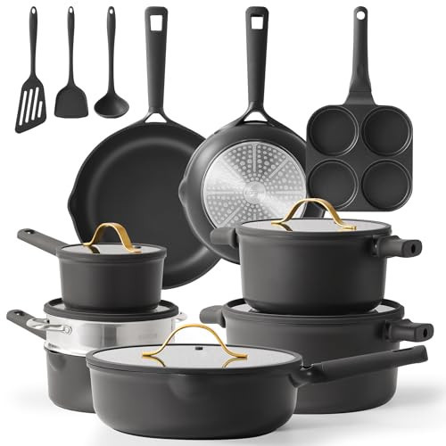 CAROTE 17pcs Pots and Pans Set Non Stick Dark Grey, Kitchen Cookware Set with Gold Trim, Premium Nonstick Pot and Pan, Induction Cookware | Amazon (US)