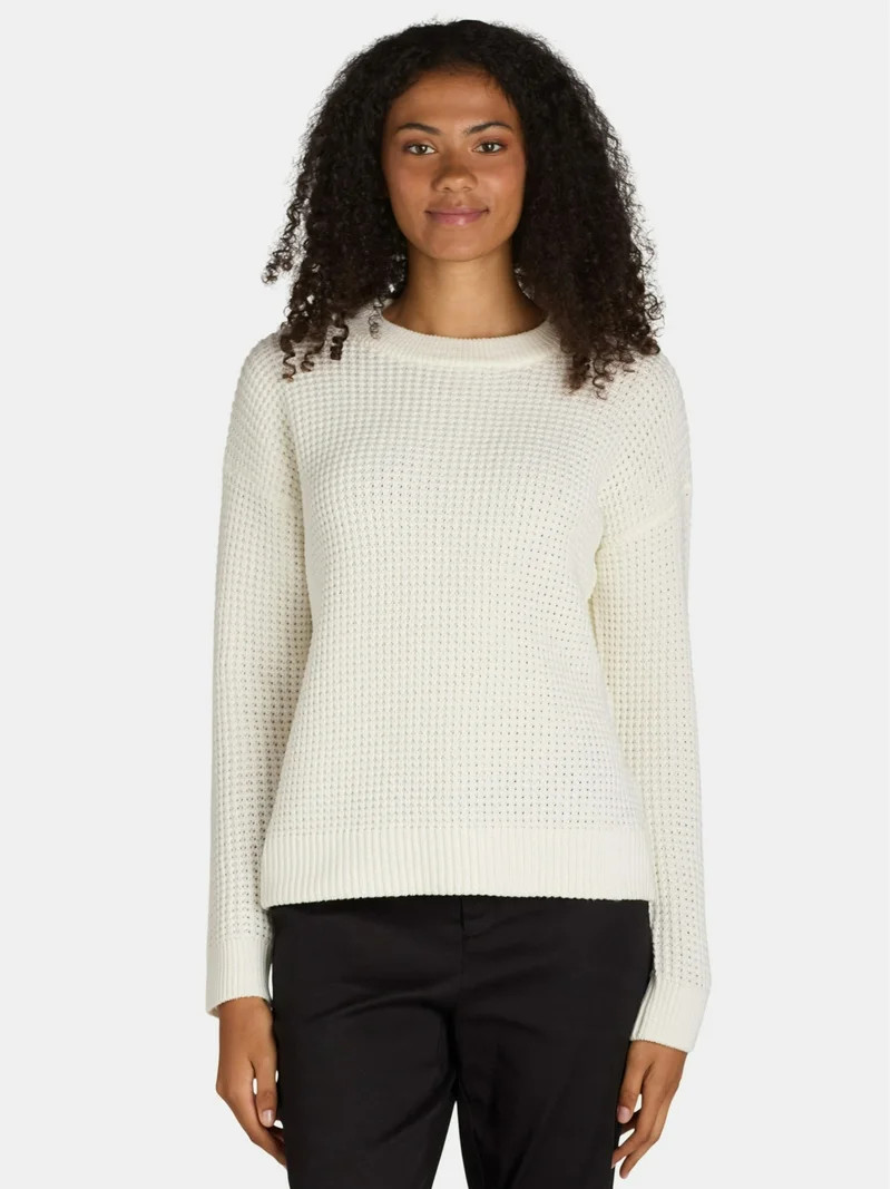 Time and Tru Women's and Women's Plus Waffle Stitch Sweater with Long Sleeves, Midweight, Sizes X... | Walmart (US)
