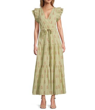 Floral Metallic Striped Print Surplice V-Neck Short Ruffled Sleeve Tiered Maxi Dress | Dillard's