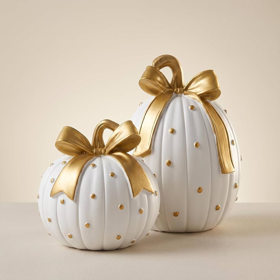 White and Gold Pumpkin Decor, 2Pcs Fall Bow Pumpkin for Thanksgiving | Amazon (US)