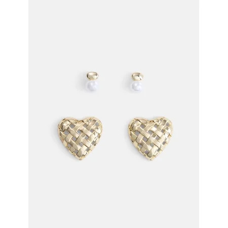 Free Assembly Women's Demi Fine 14K Gold Plated Heart and Simulated Pearl Earring Set, 2-Pair | Walmart (US)