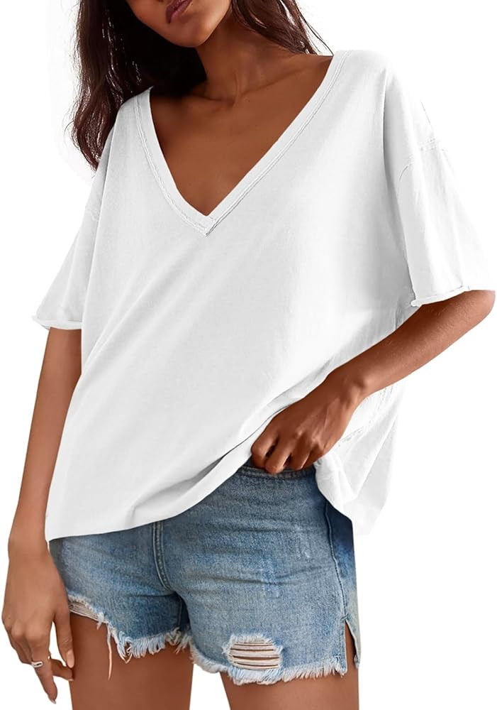 Tankaneo Womens Oversized Tshirts Deep V Neck Short Sleeve Tops Summer Casual Loose Fit Tunic Tee... | Amazon (US)
