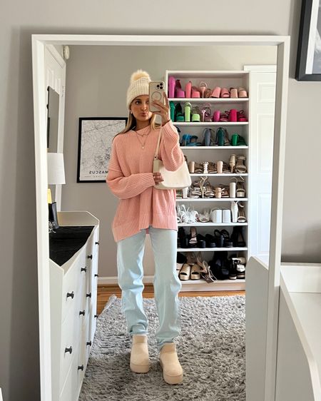 Winter outfit ideas / winter to spring transition outfit idea featuring new American eagle arrivals. 

Love this 100% cotton crewneck sweater (wearing size small) with these straight leg jeans (wearing size 000 regular and am 24” waist and 5’2”) 