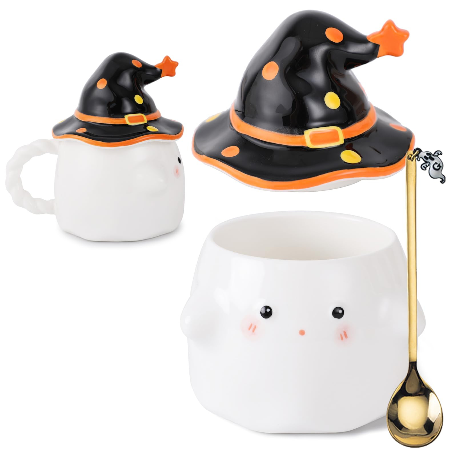Spooky Ghost Mug Halloween Ceramic Coffee Mug with Lid White Ghost Shaped Cup with Handle and Spo... | Amazon (US)