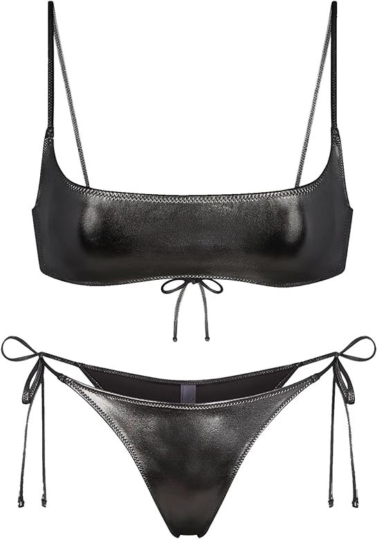 Womens Metallic Bikini Sets - Sexy Retro Shiny Swimsuit Rave Outfit Micro Scoop Top Tie Side Thon... | Amazon (US)