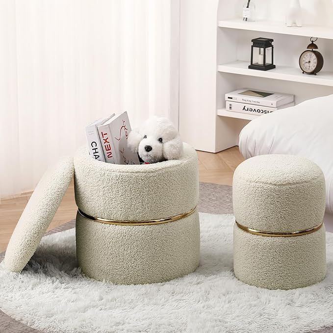 Furniliving Faux Fur Round Ottoman Set of 2 Footstool, Wool Curl Upholstered Storage Ottoman with... | Amazon (US)